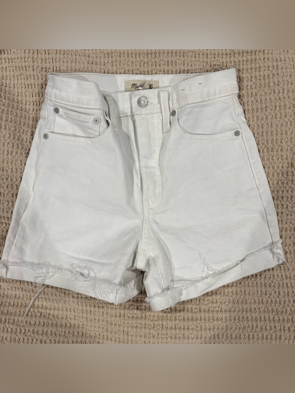 Madewell White High-Rise Distressed Denim Shorts